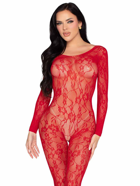 LA89366, Red Lace Long Sleeve Bodystocking