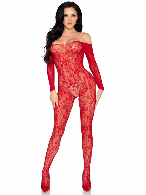 LA89366, Red Lace Long Sleeve Bodystocking Full View
