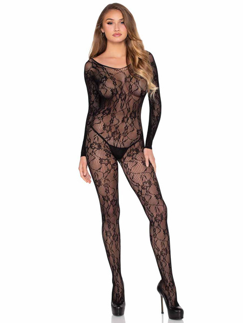 Leg Avenue LA89366, Black Lace Long Sleeve Bodystocking Full View