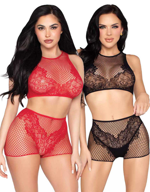 LA81678, Lace and Net Crop Top and Bottom By Leg Avenue