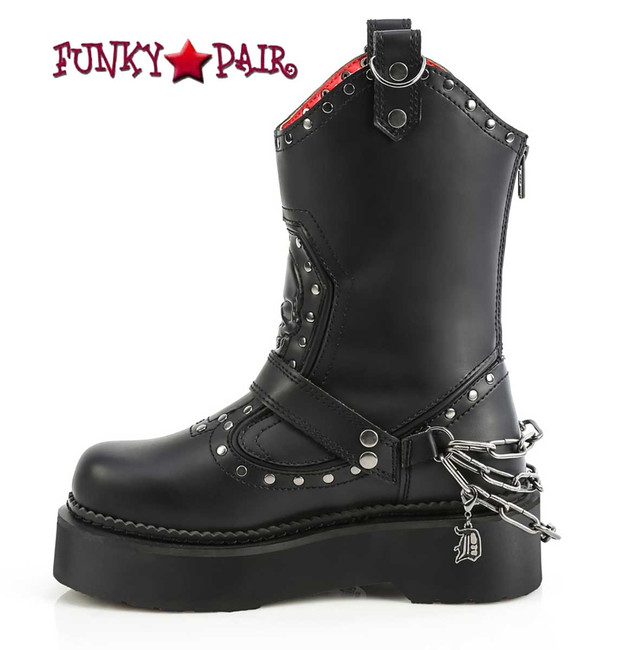 REBEL-56, 2 Inch Stack Platform Pull On Cowboy Style Combat Calf Boots Zipper Side View
