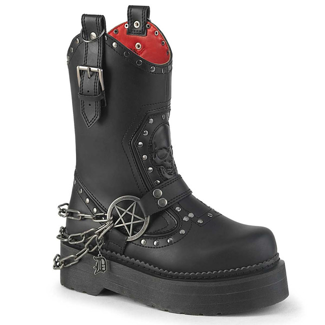 REBEL-56, 2 Inch Stack Platform Pull On Cowboy Style Combat Calf Boots By  Demonia Cult