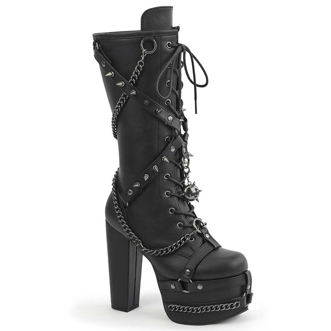 TORMENT-156, 5.5 Inch Heel Knee High Boot With Harness Straps By Demonia Cult