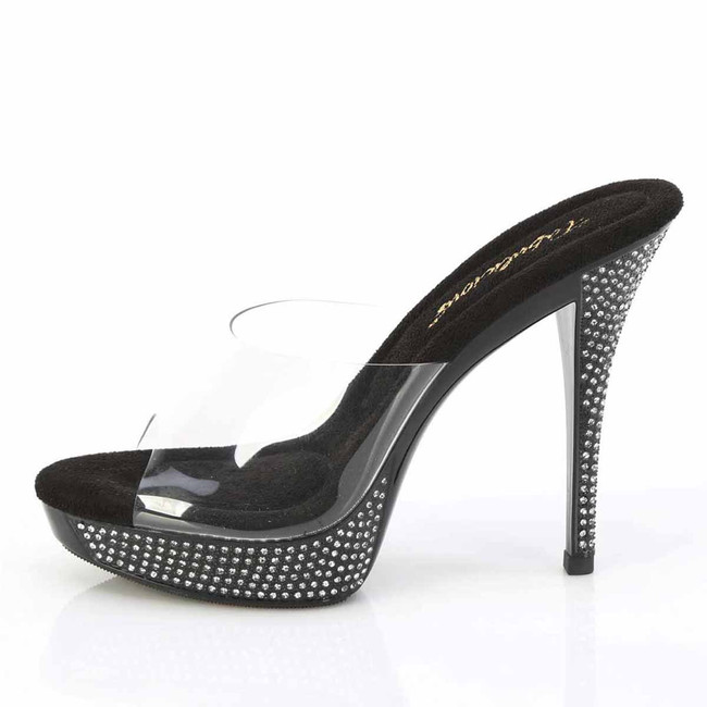 ATHENA-501, Clear/Black Inner Side View 5 Inch Heel Slide with Rhinestones