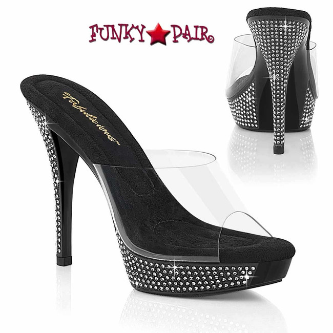 ATHENA-501, Clear/Black 5 Inch Heel Slide with Rhinestones