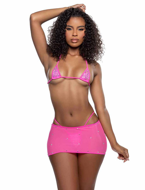 R6740, Hot Pink Rhinestone Bikini Set View With Skirt R6741