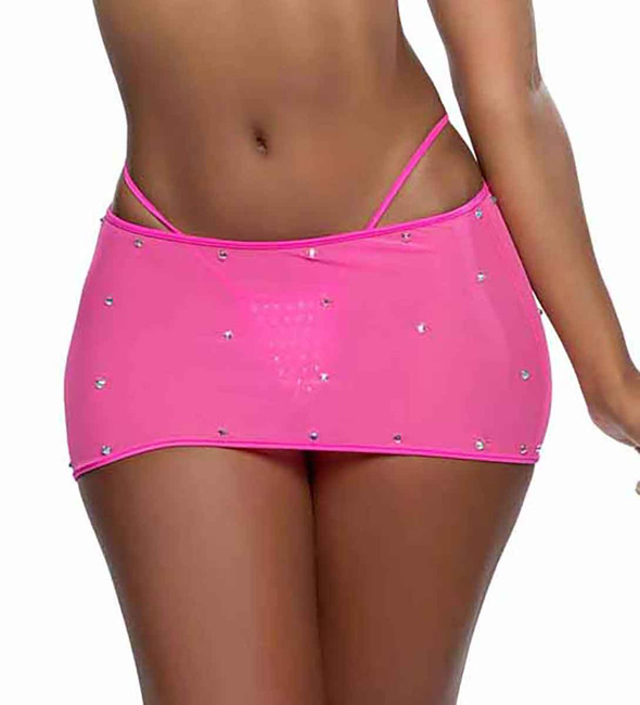 R6741, Hot Pink Rhinestone Mesh Mini Skirt