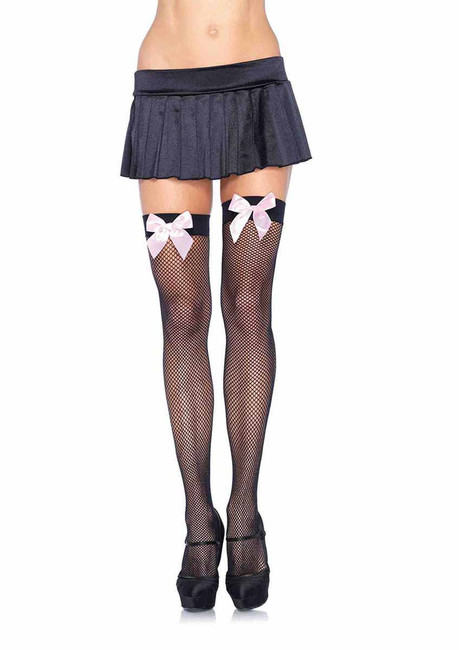 LA-9018, Black Stockings Fishnet with Pink Bows