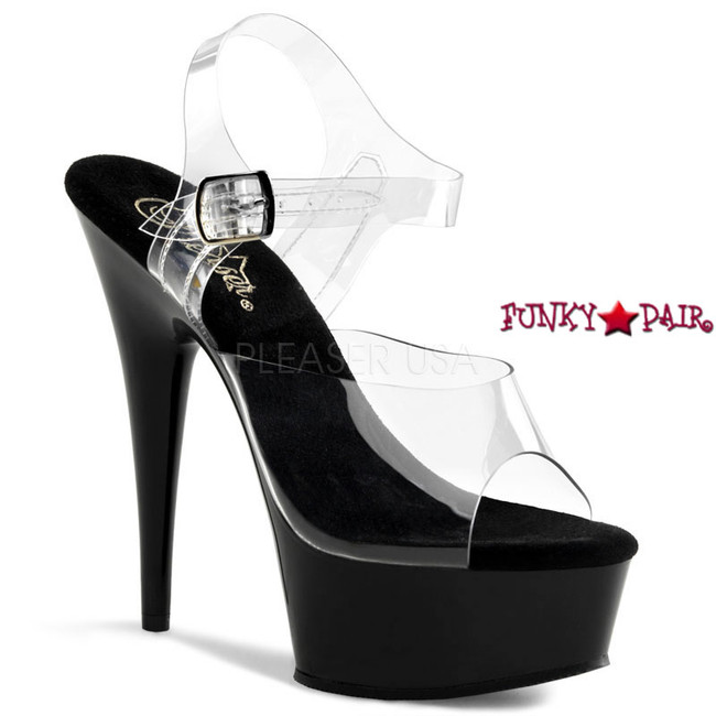 DELIGHT-608, 6 Inch High Heel with 1.75 Inch Platform Clear Ankle Strap Shoes color clear/black