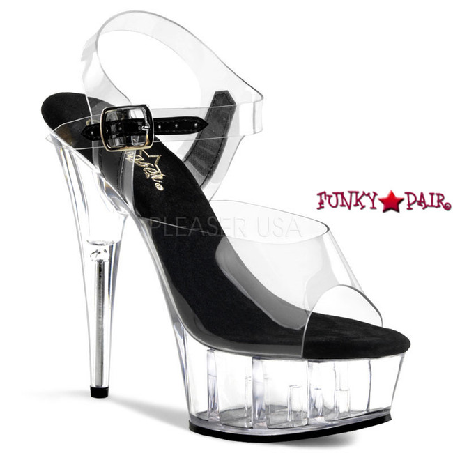DELIGHT-608, 6 Inch High Heel with 1.75 Inch Platform Clear Ankle Strap Shoes color clear/black/clear