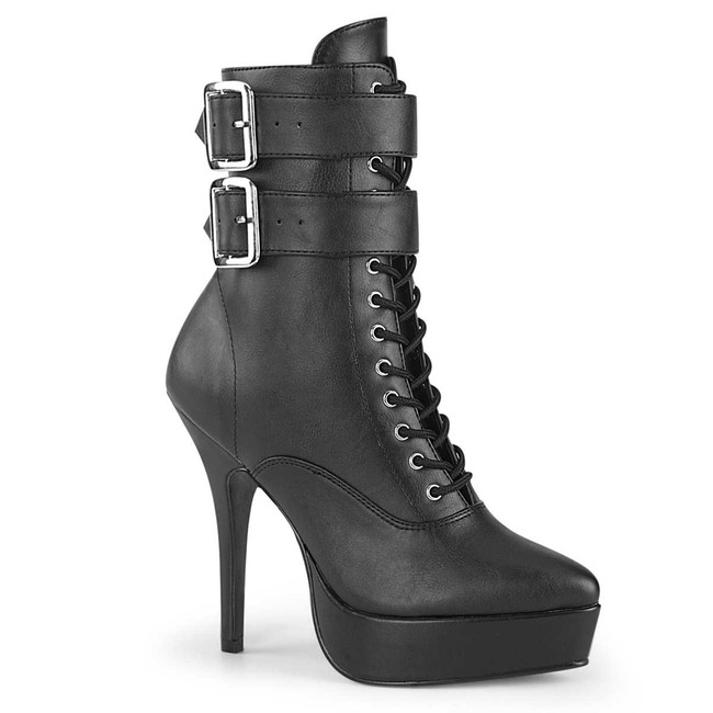 INDULGE-1026, Lace-up Ankle Boots Black Faux Leather with Buckles