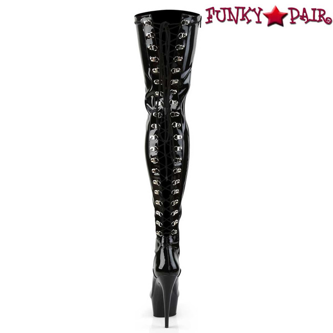 Pleaser | DELIGHT-3063, Back View Exotic Dancer Rear Lace-Up Thigh High Boots