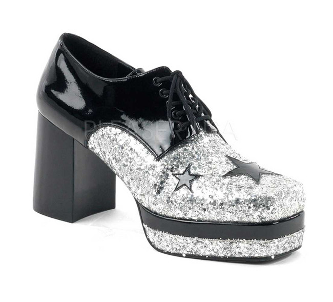 GLAMROCK-02, Men Glitter with Stars Disco Platform Shoe color black/silver