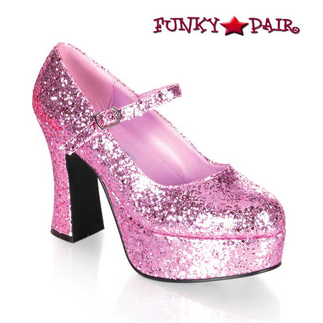 MARYJANE-50G, 4" Baby Pink Glitters Mary Jane Pump by Funtasma