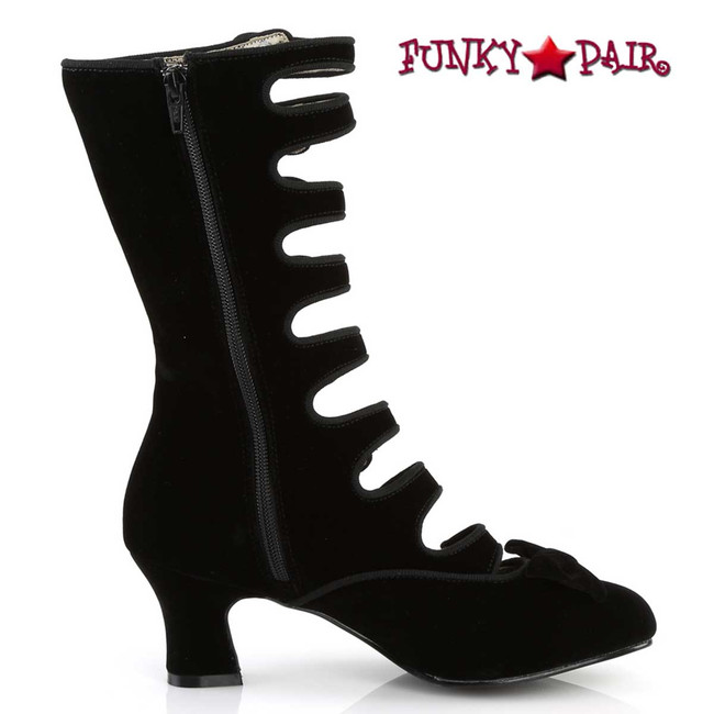 Bordello | WHIMSEY-115, Kitten Heel Multi Straps Black Velvet Calf Boot Zipper Side  View