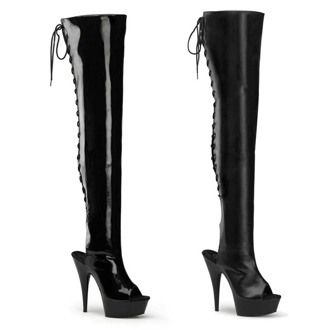 Delight-3017, 6 Inch Dancer Peep Toe Thigh High Boot with Lace Back by Pleaser USA