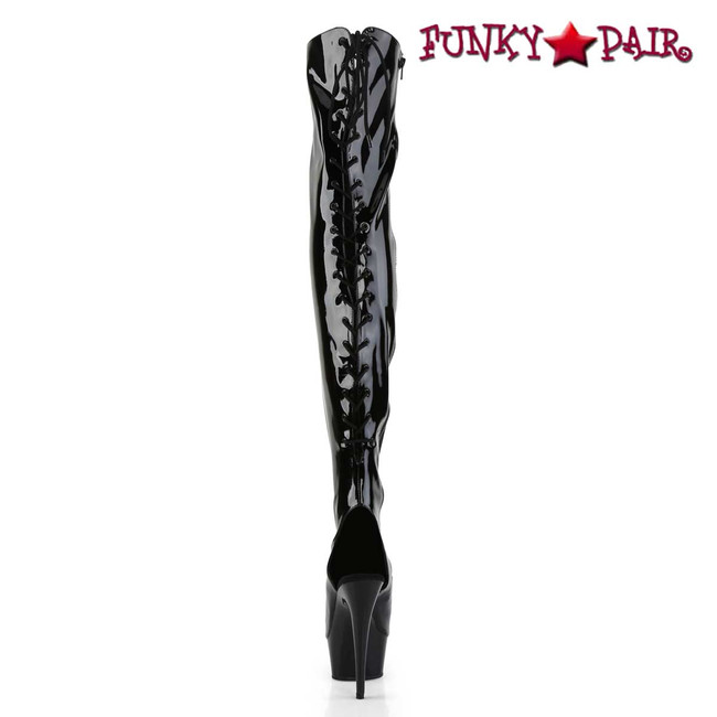 Pleaser Delight-3017, Back View 6 Inch  Peep Toe Stripper Thigh High Boot with Lace Back