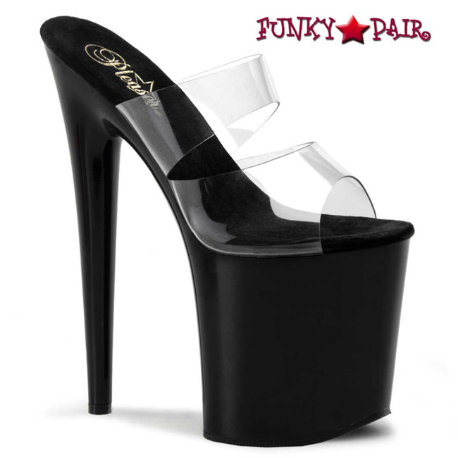 Flamingo-802, 8" Black/Clear Exotic Dancer  Platform Slide with Double Band by Pleaser