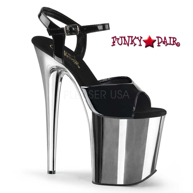 Pleaser | Flamingo-809, Ankle Strap Exotic Dancer Shoes Color Black/Silver Chrome Platform