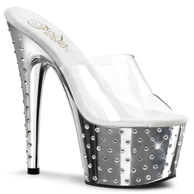 Stardust-701, Clear/Silver Chrome  Platform Stiletto Heel Rhinestones Studded Slide By Pleaser