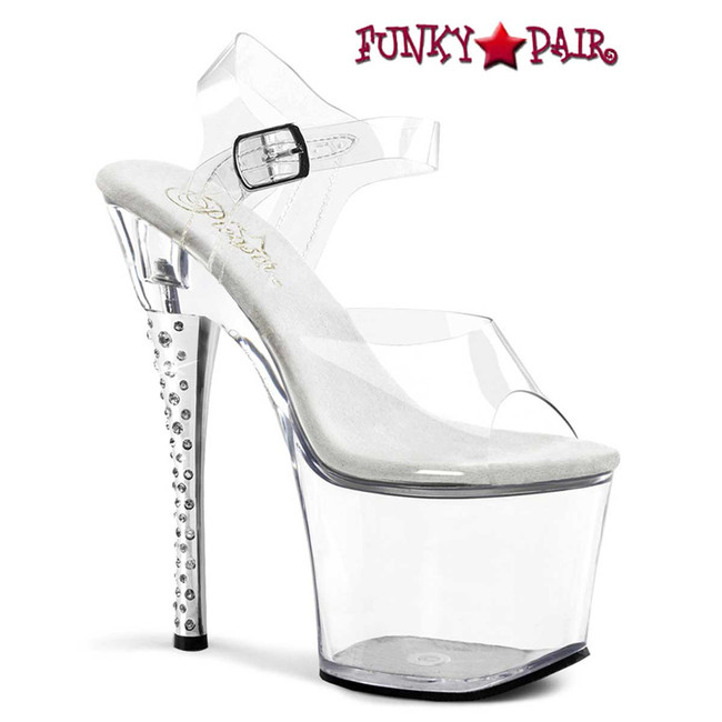 Pleaser | Diamond-708, 7 Inch Rhinestones Heel Clear Ankle Strap Sandal