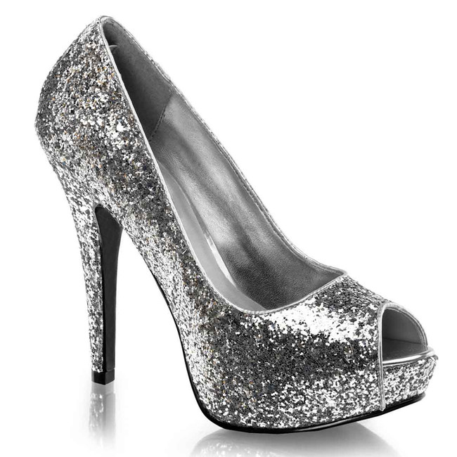 Twinkle-18G, 5.25" Silver Glitter Peep Toe Pump by Funtasma