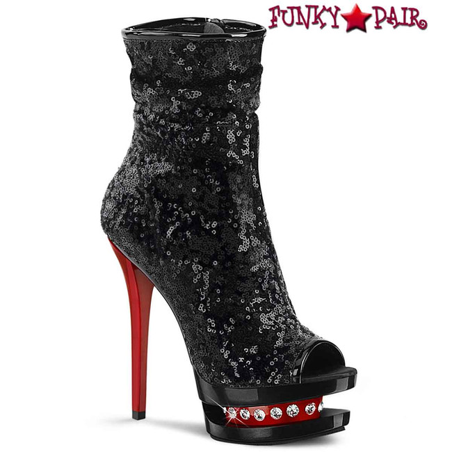 Blondie-R-1008SQ, 6 Inch Black/Red Sequin Ankle Boots by Pleaser
