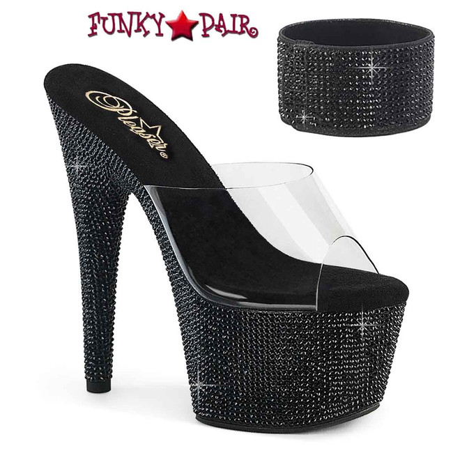 Bejeweled-712RS, Black 7 Inch Ankle Cuff Rhinestones Platform Shoes