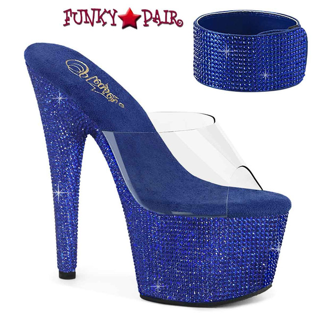 Bejeweled-712RS, 7 Inch Ankle Cuff Royal Blue Rhinestones Platform Shoes