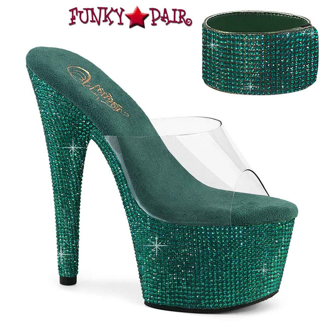 Bejeweled-712RS, 7 Inch Ankle Cuff Green Rhinestones Platform Shoes