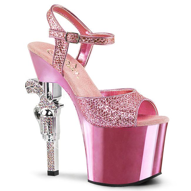 Revolver-709G, 7 inch high heel with 3.25 inch platform Multi Glitter Ankle Strap Sandal with Rhinestones Gun Heel