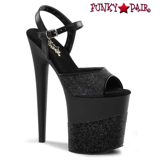 Flamingo-809-2G, 8 Inch Black Glitter Ankle Strap Sandals