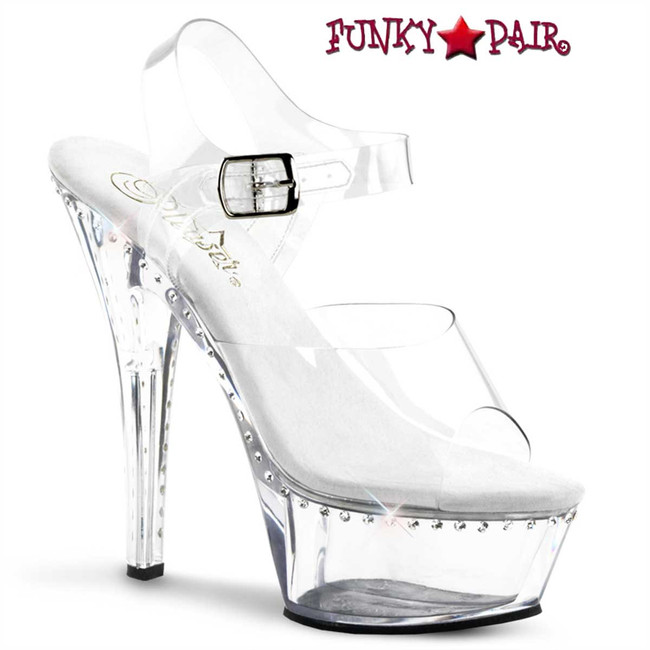 Pleaser Kiss-208LS, 6 Inch Clear Ankle Strap with One Line Rhinestone Pleaser Kiss-208LS, 6 Inch Clear Ankle Strap with One Line Rhinestone