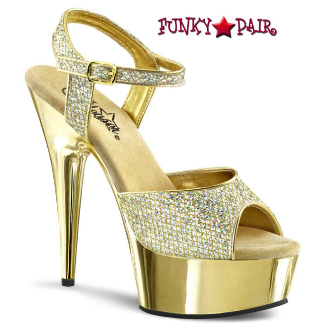 Delight-609G, Gold 6 Inch Glitter Ankle Strap with Chrome Platform by Pleaser