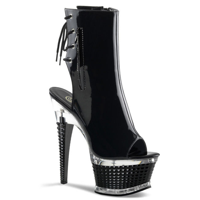 Illusion-1018, Stripper Open Toe and Back Lacing Ankle Boots by Pleaser color black patent