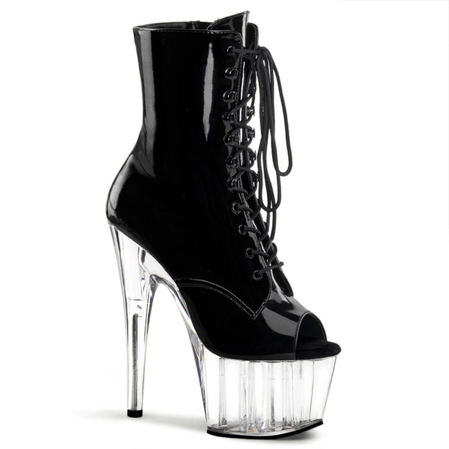 Pleaser | Adore-1021, 7 Inch Peep Toe Lace-up Ankle Boots color Black/Clear
