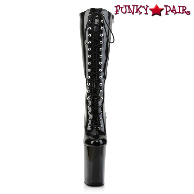 Infinity-2020, Front View Extreme High Heel Lace up Knee Boots | Pleaser