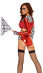 Car Racer costume includes mock neck long sleeves crop top with checkered print contrast, and matching high-waisted panty, gloves and glasses. (Checkered Bra and flag not included)