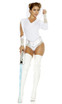 Movie Character costume includes: Hooded romper with cutout detail and mesh insets and matching belt.