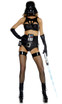 Movie Character costume includes: Faux leather strappy crop top, matching high-waisted panty , two decorative belts and gloves. (Toy saber and Hosiery not included)