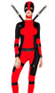 Sexy Movie Character costume includes: Two-tone jumpsuit, mask headpiece, waist and thigh harness. (TOY SWORDS NOT INCLUDED)