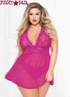 plu size STM-10672X, 2pc Lace and Mesh Babydoll Set color Fuchsia back view