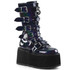 Damned-225, Women's Goth Mid Calf Studded Buckle Straps color Black Hologram Vegan Leather