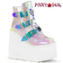 Swing-105, RAVER Platform Ankle Boots Triple Buckle Wedge by Demonia color Opal Pearl Iridescent Vegan Leather