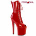 Enchant-1041, Red Lace-Up Peep Toe Ankle Boots with Prismatic Linear Design By Pleaser