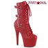 Adore-1043, Red Faux Leather 7" Lace-up Ankle Boots with Triple Buckles