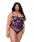 R-LI653Q, Plus Size Eyelash Lace and Faux Patent Leather Trim Plum Teddy By Roma