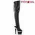 SPECTATOR-3030, Black Faux Leather Thigh High Boots with Open Back and Peep Toe