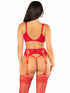 LA89333, Red Lace Bra Top with Garterbelt and Stocking Attached Back View