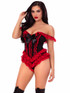 LA87290, Black/Red Ruffle Bodysuit with Boning Front View